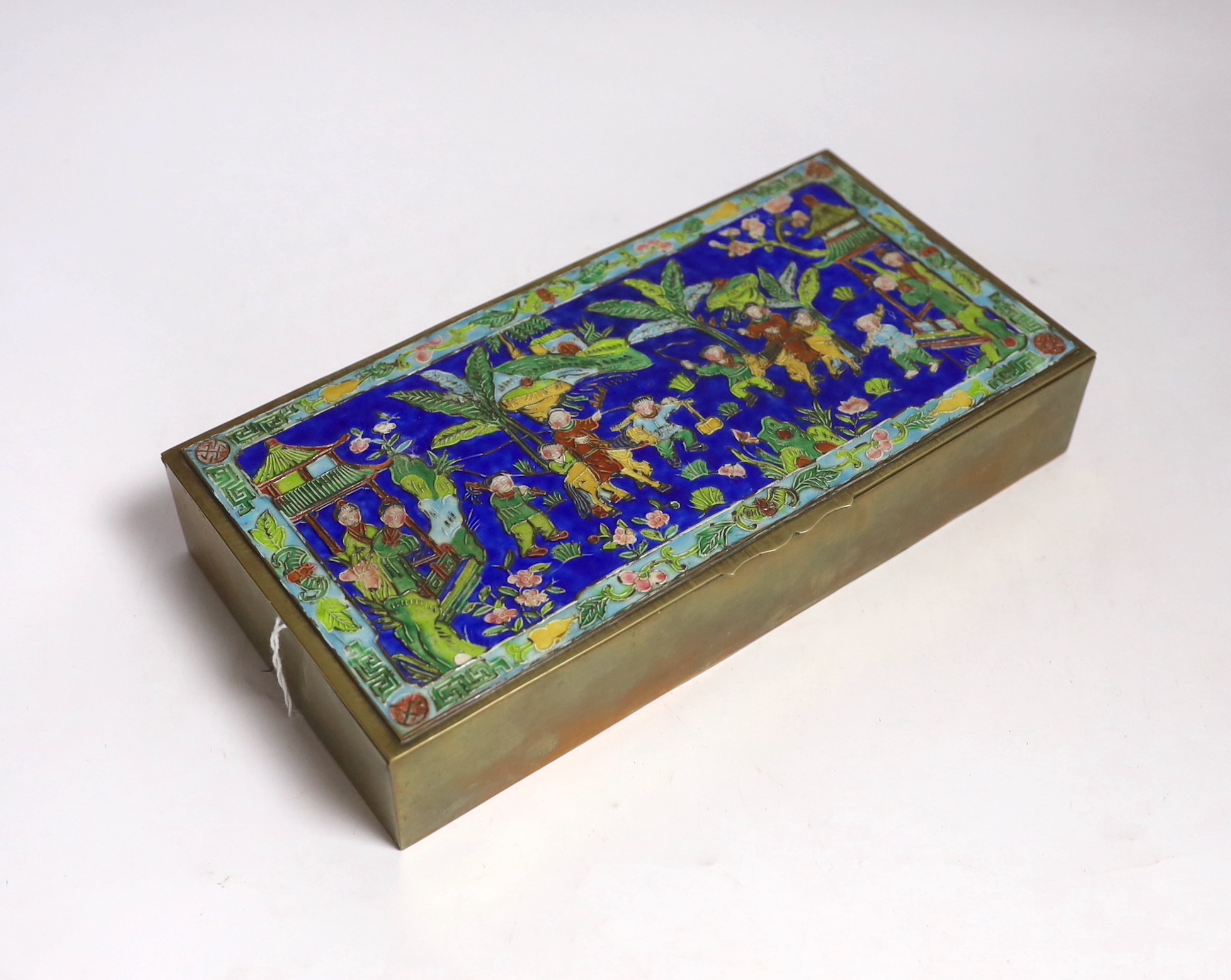 A 20th century Chinese enamelled brass box, 24cm wide, 12.5cm deep